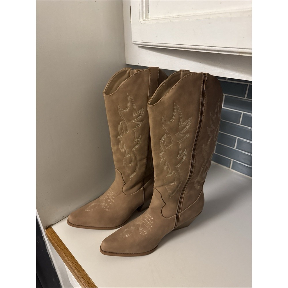 FOREVER Tall Cowboy Boots Brown w/Bling Accents Women's Size 9 Super Cute!! New